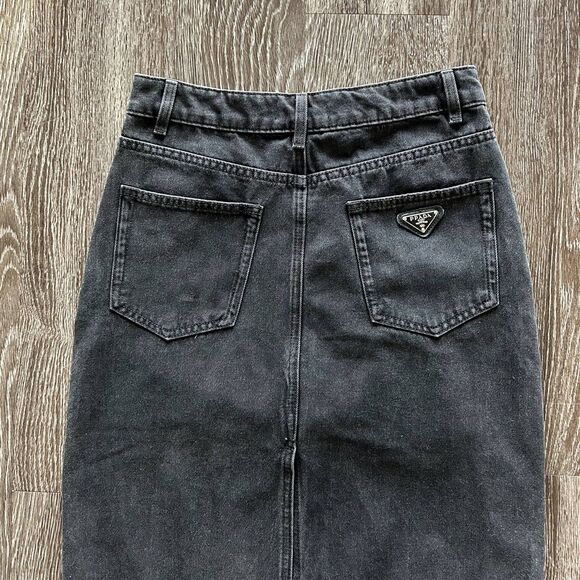 Prada Black Long Denim Midi Skirt Button Fly Size 4 US EUC - Picture 8 of 16